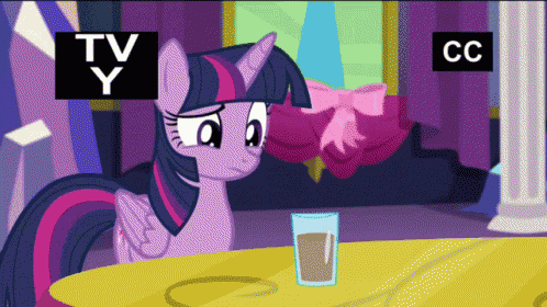 twilight sparkle from my little pony sits at a table with a glass of milk