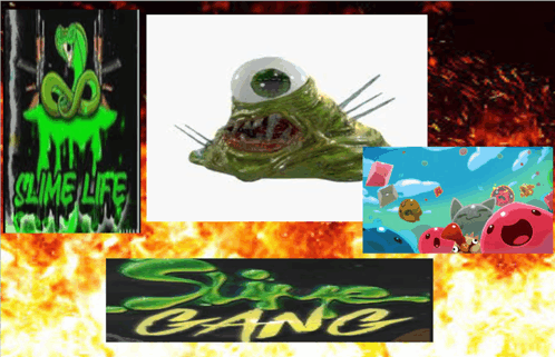 a collage of images with one that says slime gang