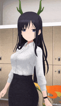 a girl with long black hair wearing a white shirt