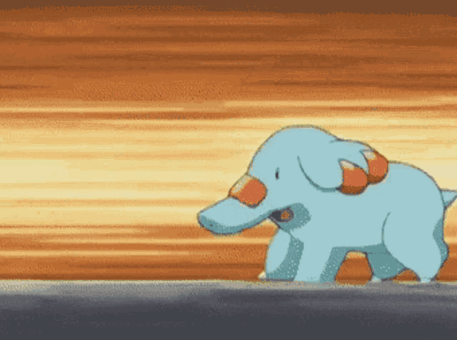 a cartoon elephant with a red nose is running on a road
