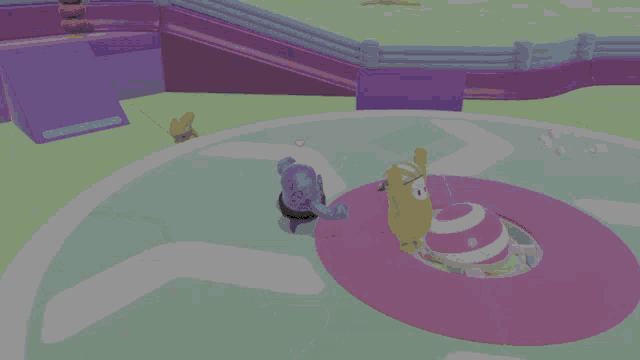 two cartoon characters are playing a video game on a pink and purple surface