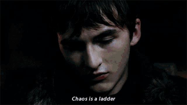 a close up of a man 's face with the words " chaos is a ladder "