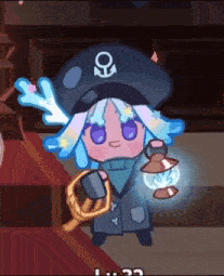 a cartoon character is standing in a room holding a lantern and a sword .