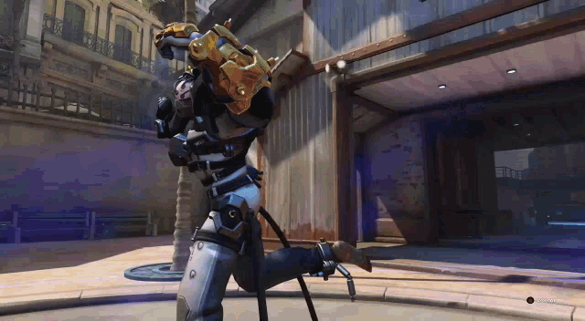 a video game character is kneeling down in front of a building and holding a gun
