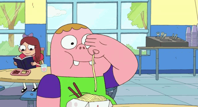 a cartoon character eating noodles with chopsticks while a girl reads a book in the background