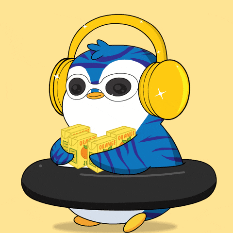 a penguin wearing headphones and holding orange juice