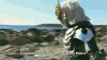 a man in a superhero costume says " i can transform into all of the heisei riders "