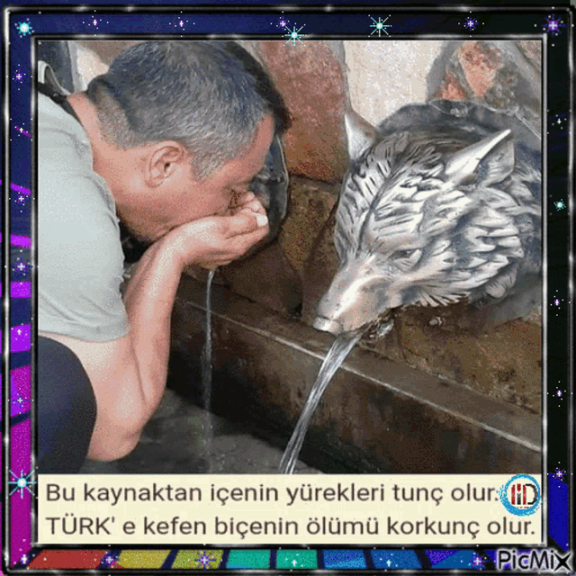 a picture of a man drinking water from a wolf head fountain