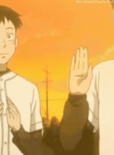 a cartoon of a boy giving a high five with heroinewithoutashell in the corner