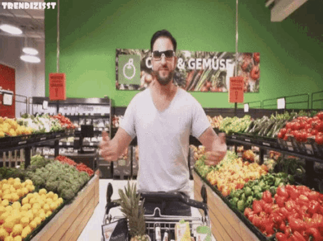 a man wearing sunglasses is standing in front of a sign that says " c & gemuse "