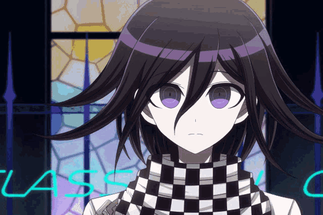 a girl with purple eyes and a checkered scarf is standing in front of a glass window