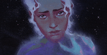 a painting of a woman 's face with a starry background