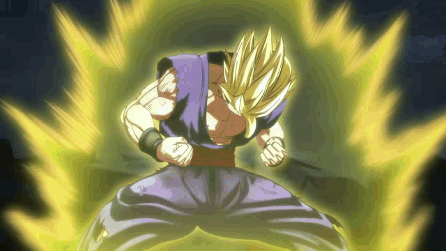 a cartoon character with a purple shirt and blue pants is surrounded by yellow lights
