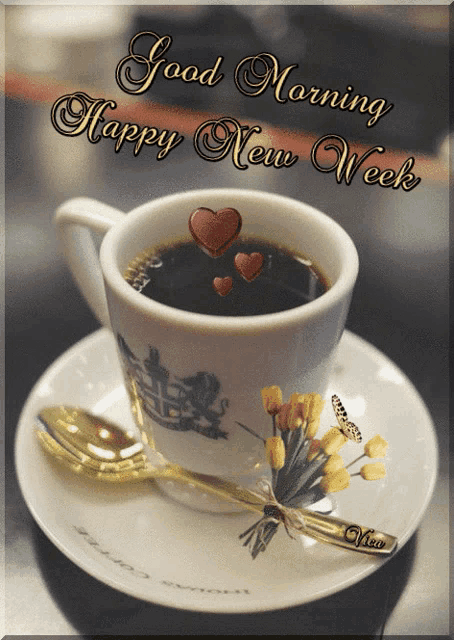 a cup of coffee on a saucer with the words " good morning happy new week " on it