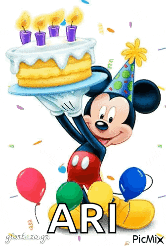 mickey mouse is holding a birthday cake in his hand