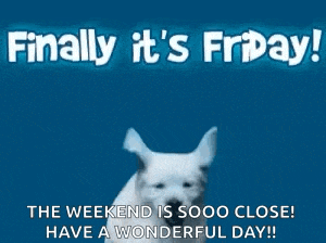 a white puppy is jumping in the air with the words finally it 's friday .