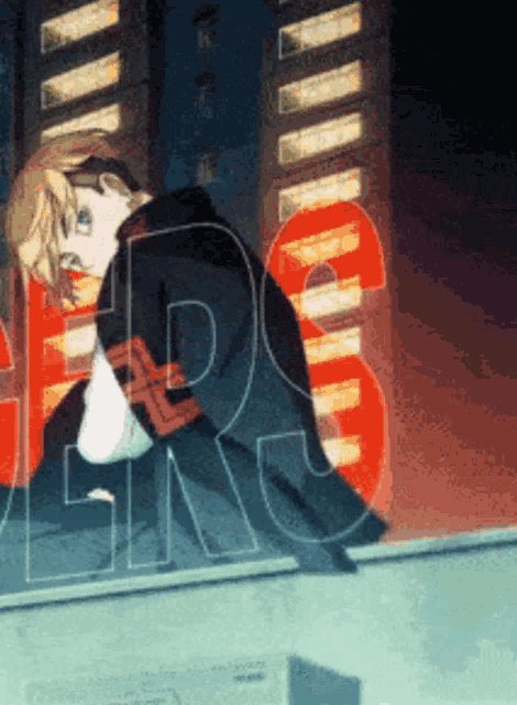 a cartoon character is standing on the edge of a building with the letters rs in the background