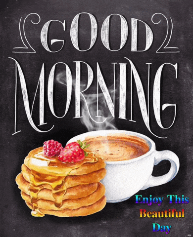 a chalkboard with a cup of coffee and pancakes and the words good morning