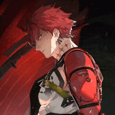 a drawing of a man with red hair and a sword