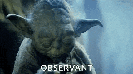 a close up of a statue of yoda smoking a cigarette with the word observant behind him .