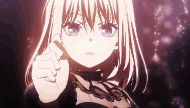 a girl with long white hair and blue eyes is pointing at the camera with her finger .