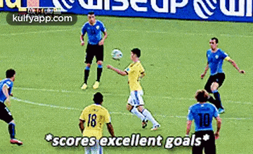 a group of soccer players on a field with the words scores excellent goals written on the bottom