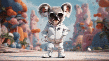 a koala bear wearing sunglasses and a nike jacket is standing on a sidewalk .