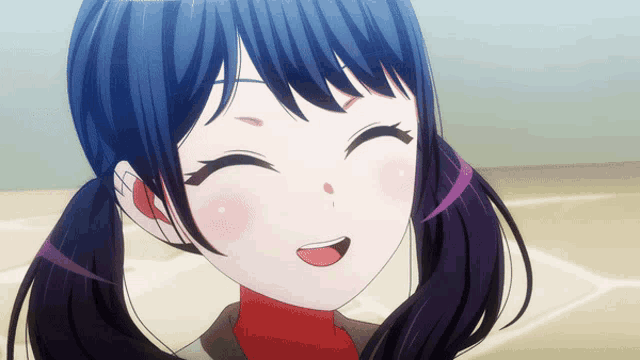 a girl with blue hair and pigtails is smiling with her eyes closed