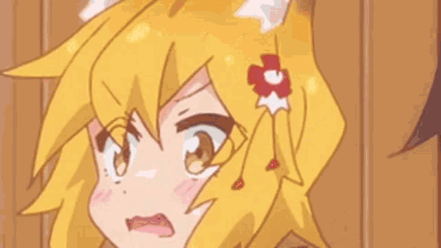 a close up of a fox anime character with a flower in her hair