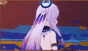 a girl with long white hair and purple feathers in her hair is standing in front of a red background .