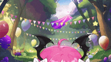 a cartoon drawing of a girl with pink hair and black horns surrounded by balloons and flags