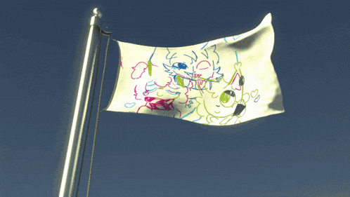 a flag with a drawing of a cat on it is flying in the wind
