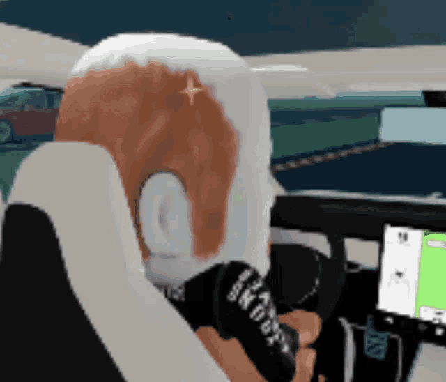 a cartoon drawing of a person driving a car with a steering wheel that says ' airbag ' on it