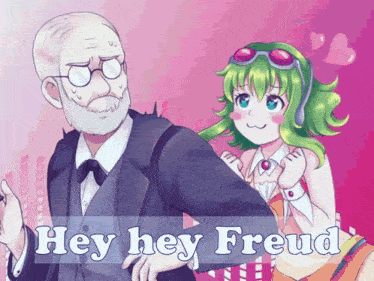a cartoon drawing of a man and a girl with the words hey hey freud below them