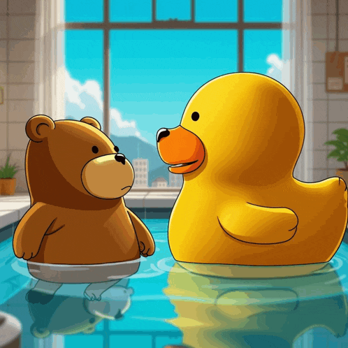 a teddy bear and a rubber duck are in a pool