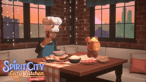 a man in a chef 's hat sits at a table with spirit city cozy kitchen written on the bottom