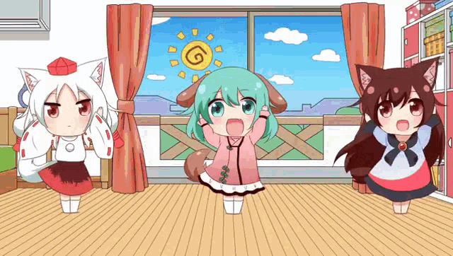 three anime girls are dancing in a room with a window .