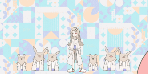 a cartoon drawing of a girl standing next to a bunch of rabbits