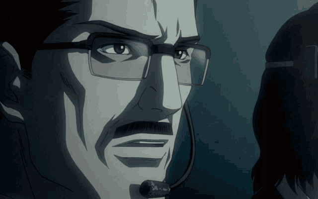 a man wearing glasses and a microphone looks angry