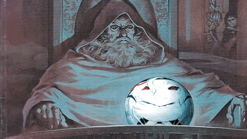 a painting of a man with a beard holding a soccer ball with a face on it