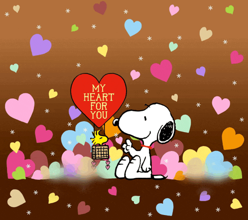 a cartoon of snoopy holding a red heart that says my heart for you