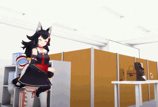 a cartoon character is standing in an office with a bag that says ' a - a ' on it