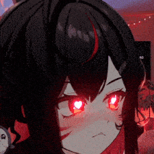 a close up of a girl with red eyes and black hair