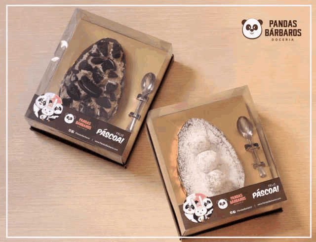 two boxes of pandas barbaros doceria chocolate eggs on a table