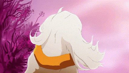 a cartoon of a woman with long white hair and a scarf around her neck