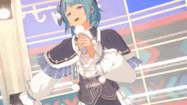 a girl with green hair is singing into a microphone in front of a window