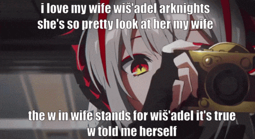 a picture of a girl taking a picture with a caption that says i love my wife wis adel arknights