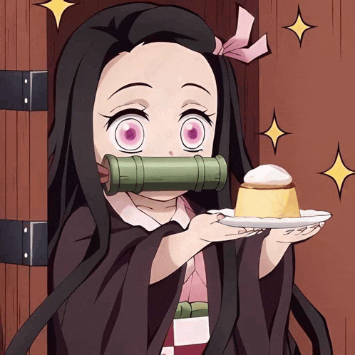 a little girl with purple eyes is holding a plate with a dessert on it