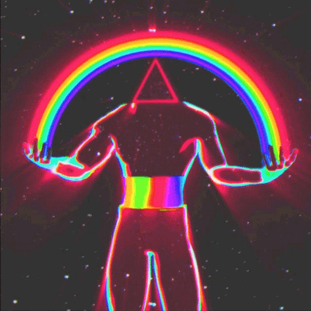 a silhouette of a person holding a rainbow and a pyramid