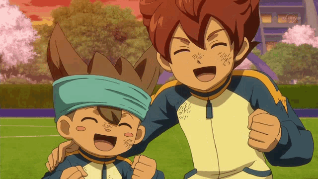two cartoon characters are standing next to each other on a field and one of them has a tattoo on his face